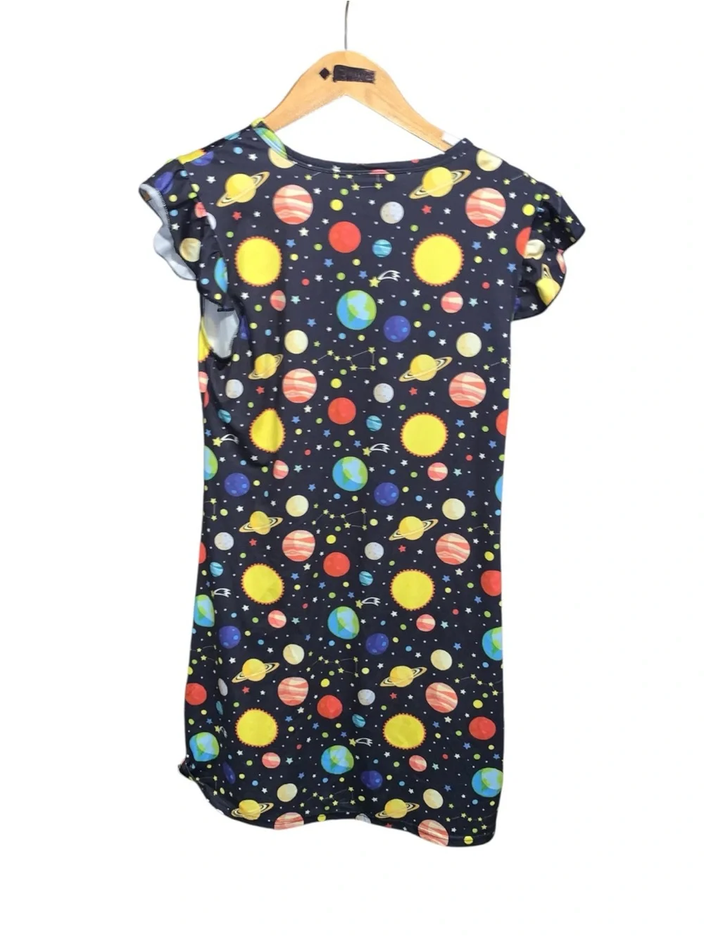 Girls XL Space Planet Print Dress Black with Yellow & Multicolor Planets